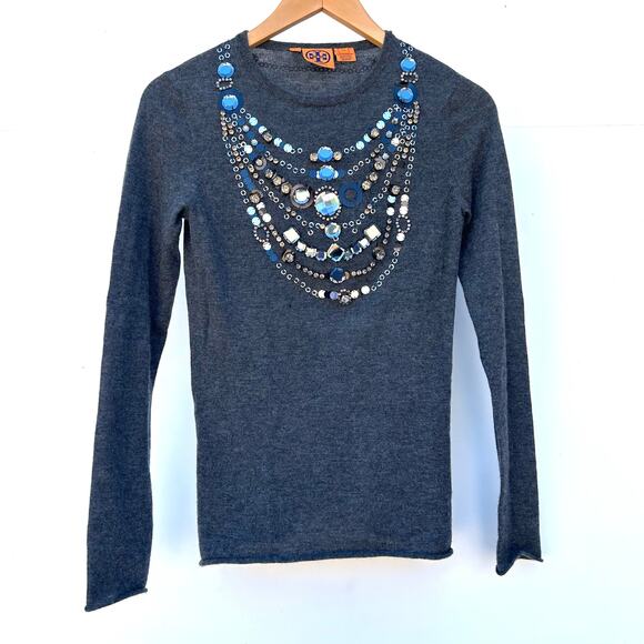 Tory Burch Cashmere Beaded Necklace Sweater Gray Grey Jewels XS Holiday Festive - Picture 2 of 9